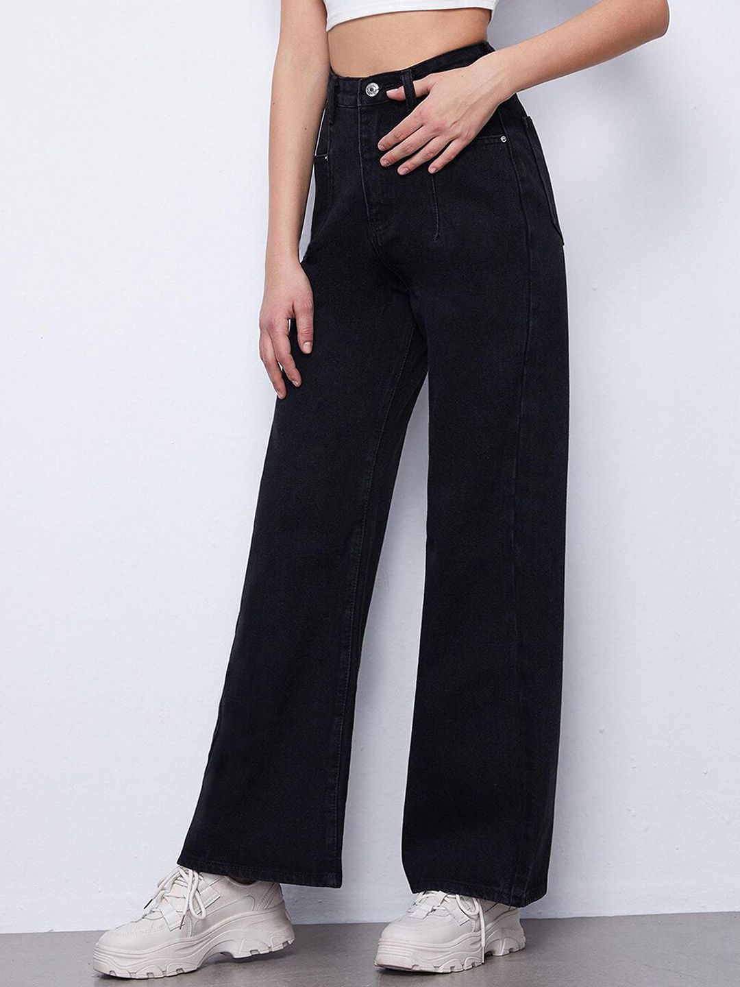 Women Black Jean Flared High-Rise Low Distress Stretchable Jeans