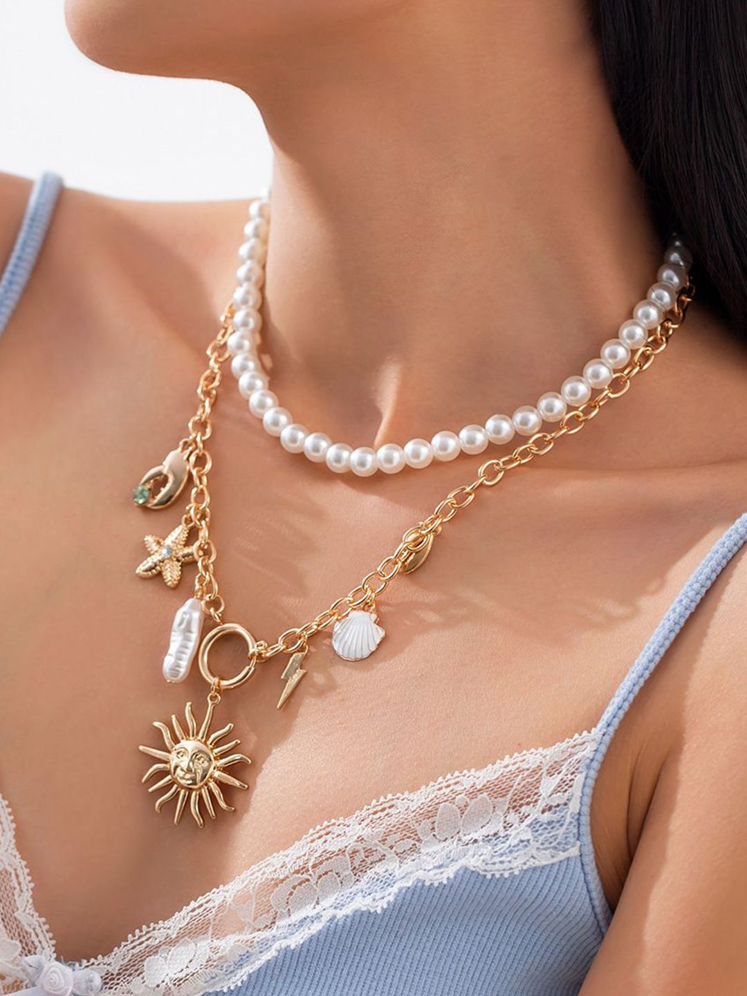 Set Of 2 Gold-Plated Stones Studded Statement Necklace & Chain