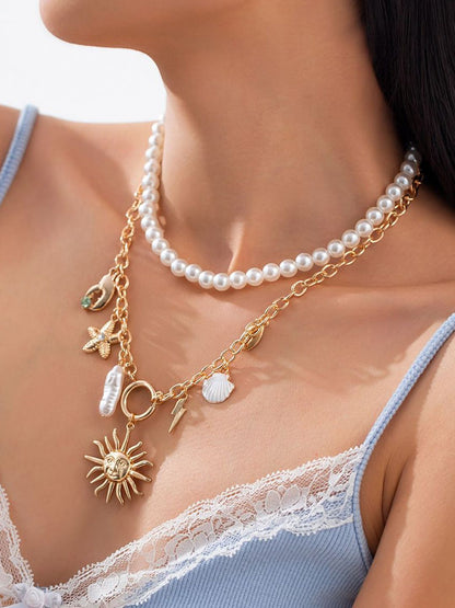 Set Of 2 Gold-Plated Stones Studded Statement Necklace & Chain