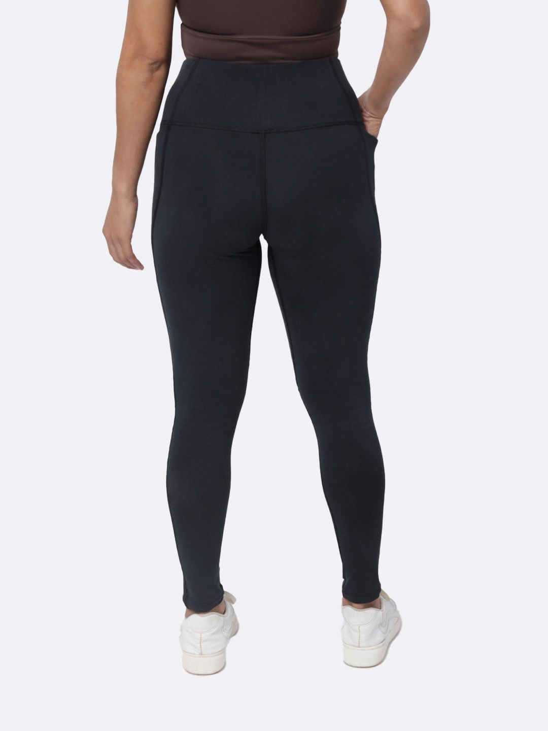 Women Black High Waisted Cotton Leggings with Hidden Drawstring