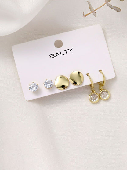 SALTY Gold-Plated Set Of 3 Contemporary Artificial Stone Studded Studs Earrings