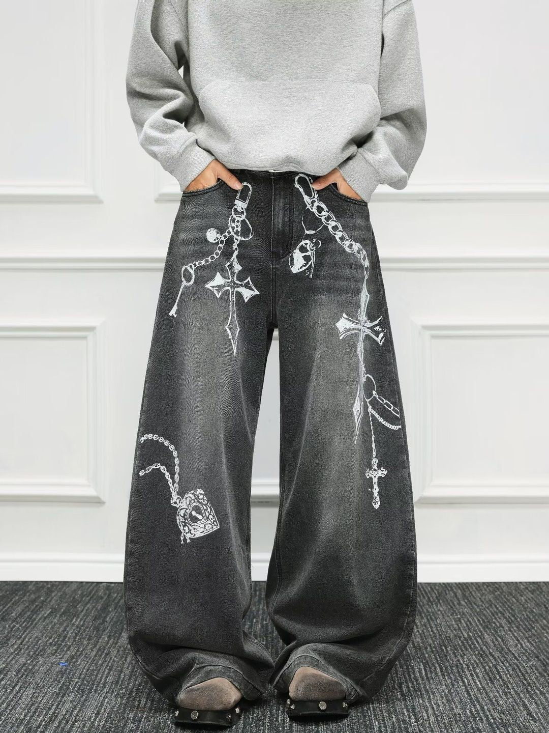Men Wide Leg Mid-Rise Light Fade Printed Jeans