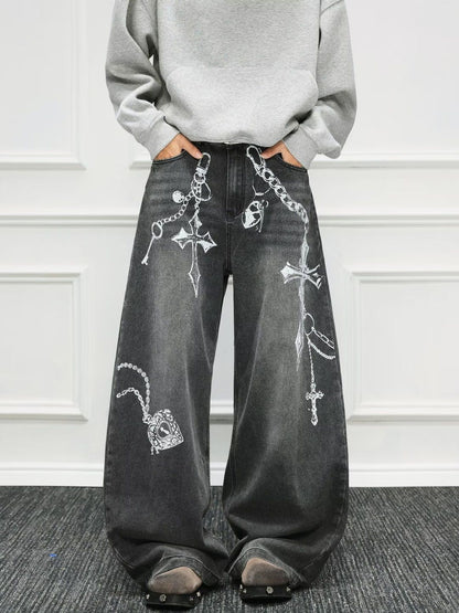 Men Wide Leg Mid-Rise Light Fade Printed Jeans