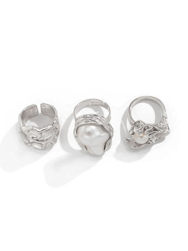 Set of 3 Silver-Plated Pearl-Studded Finger Ring