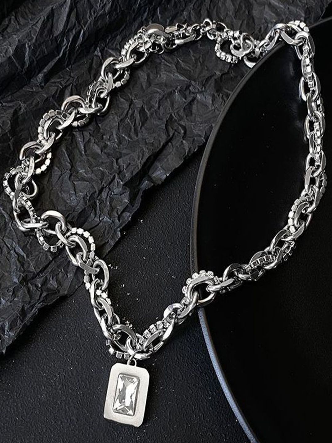 Silver-Plated Artificial Stone Studded Stainless Steel Statement Chain
