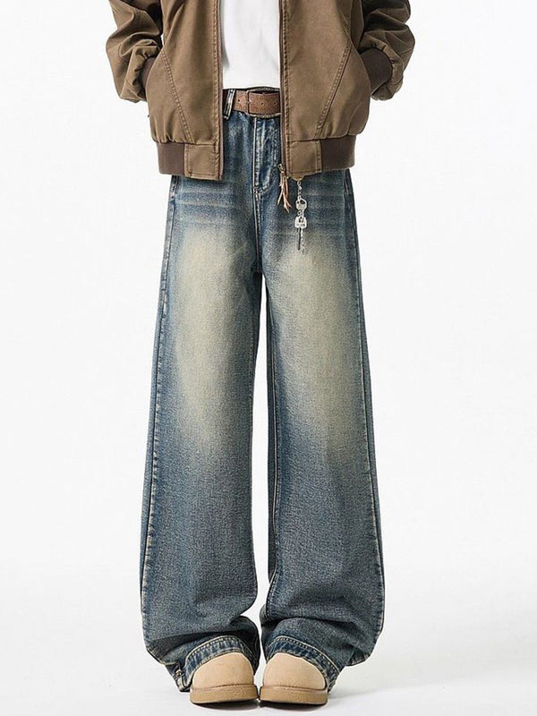 Men Wide Leg Mid-Rise Light Shade Heavy Fade Jeans