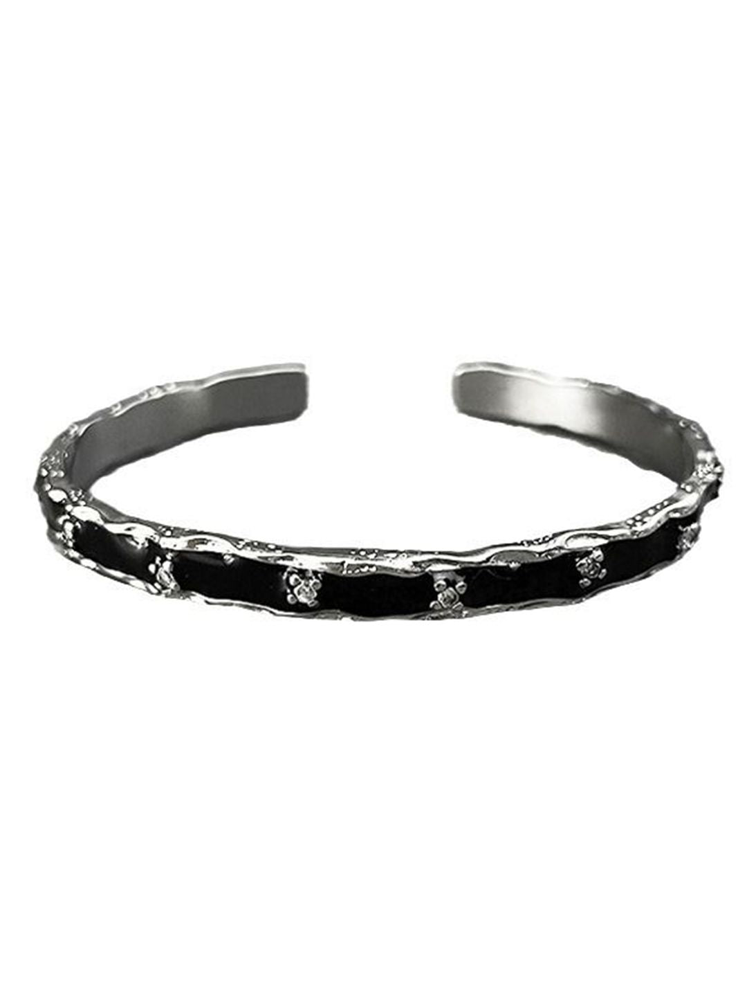 Men Stainless Steel Silver-Plated Artificial Stones Cuff Bracelet