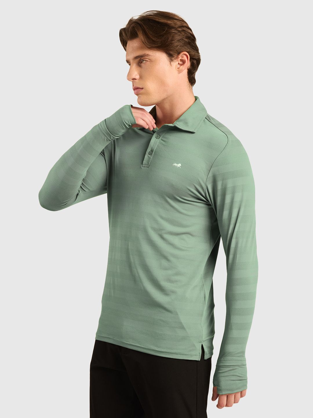 Men Striped Full Sleeves Polo Collar T-shirt