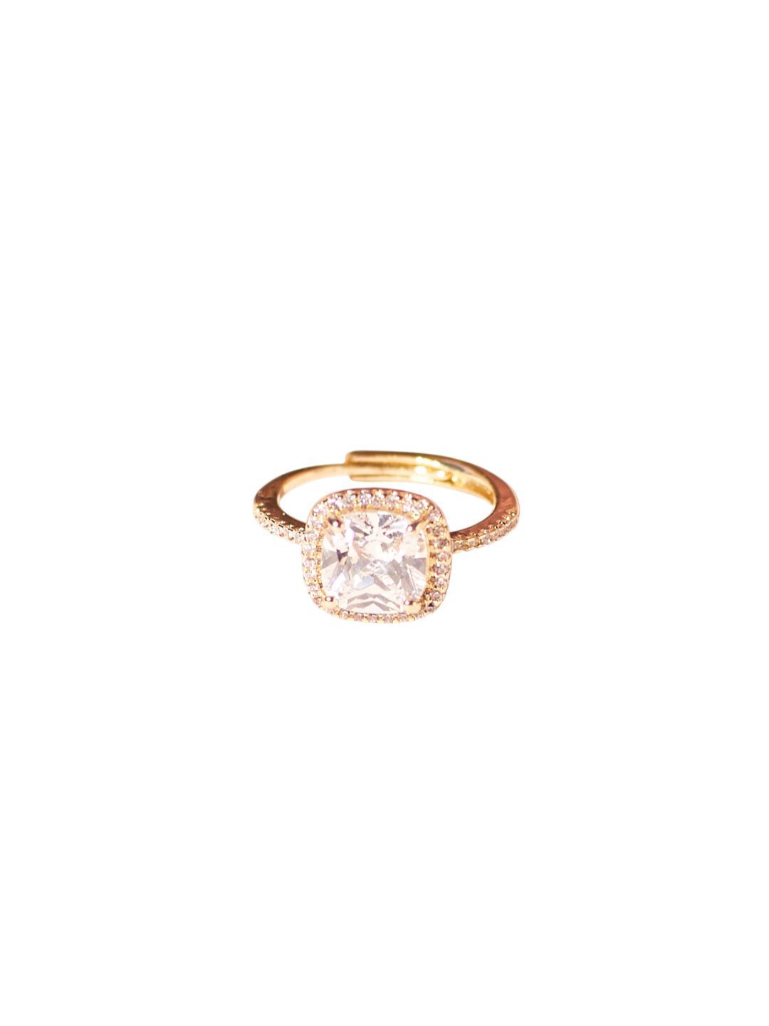 SALTY Gold Shimmering Artificial Stones Studded Cushion-Cut Ring For Women & Girls