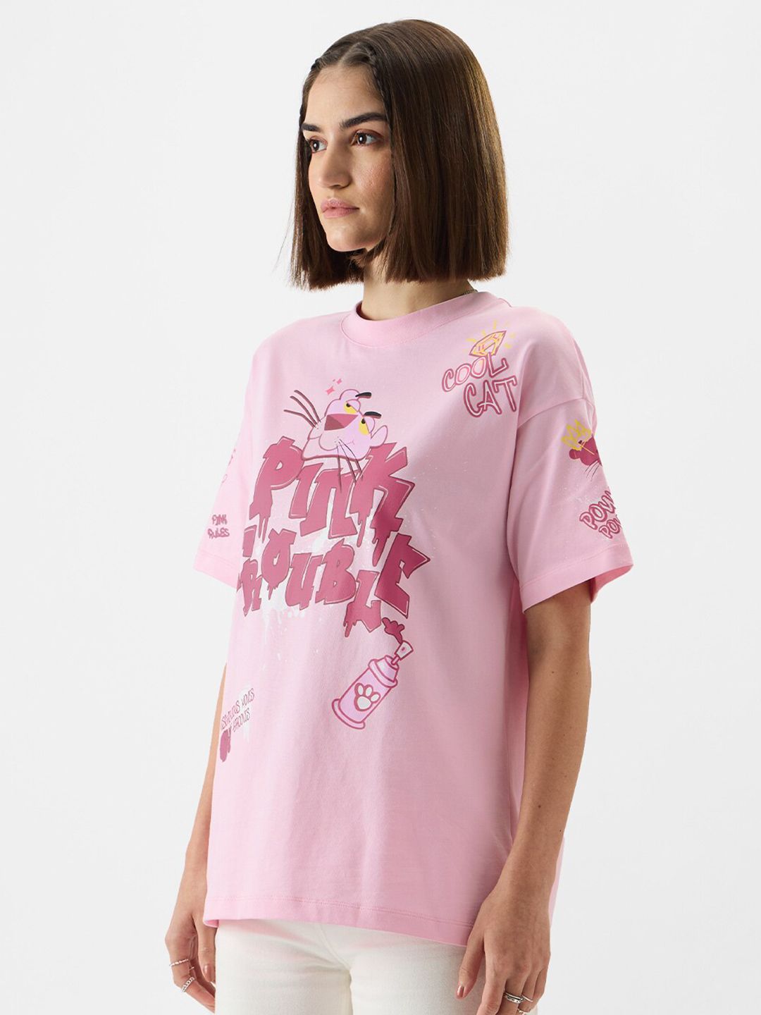 Women Oversized Pink Panther Printed Pink T-Shirts