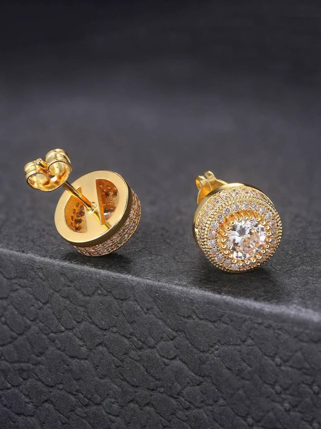 SALTY Men Stainless Steel Stones Studded Circular Studs Earrings