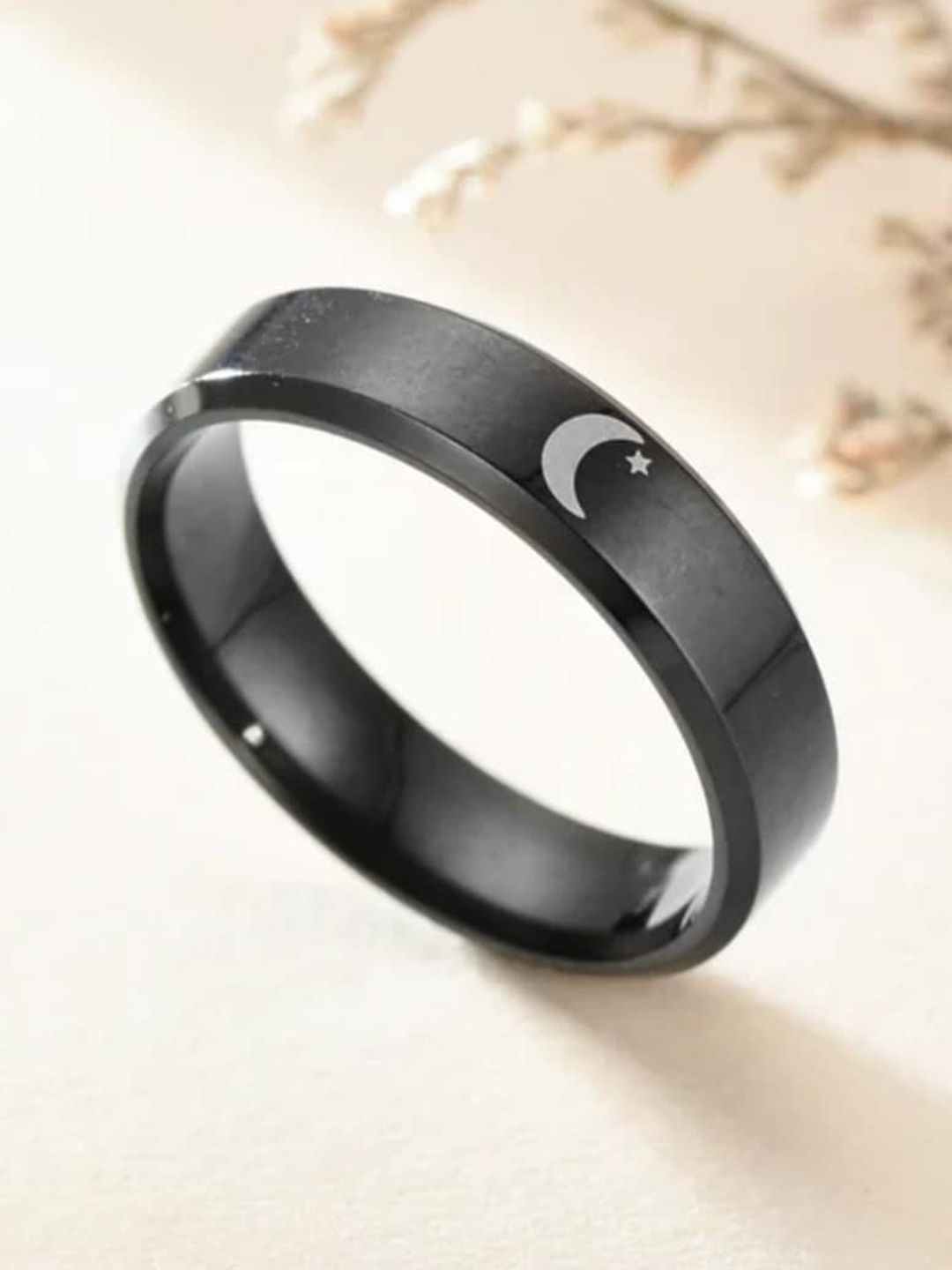 SALTY Men Set of 2 Stainless Steel Moon Signet Band Finger Rings
