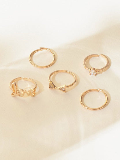 SALTY Set Of 5 Stone Studded Love Detail Alexa Finger Rings