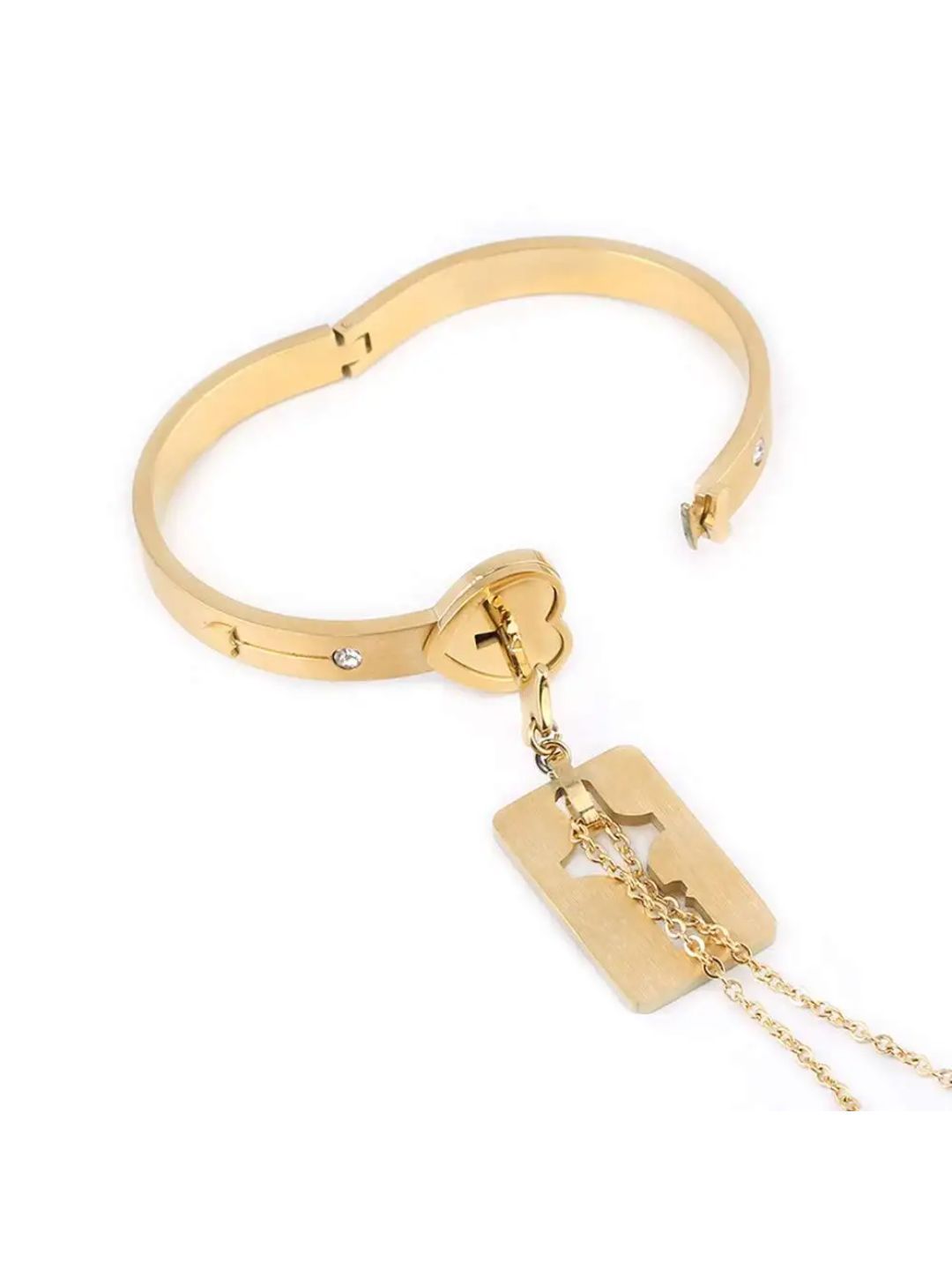 SALTY Stainless Steel Golden Lock & Key Love Bracelet & Necklace Set for Women & Girls
