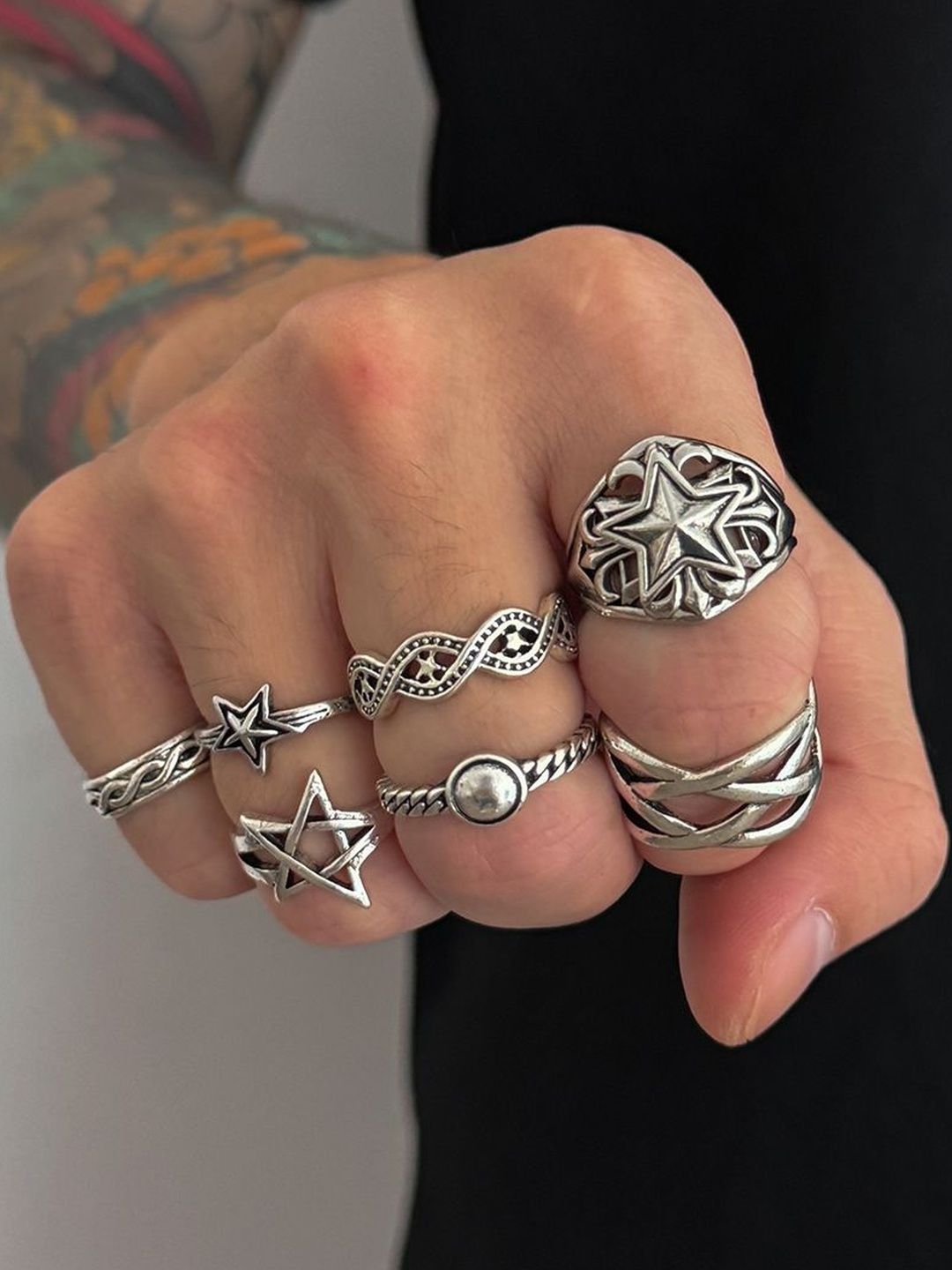 Men Set Of 7 Silver-Plated Finger Ring