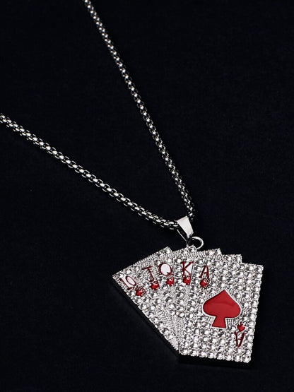 SALTY Men Silver-Plated Stainless Steel Stones Studded Pip Cards Pendant & Chain