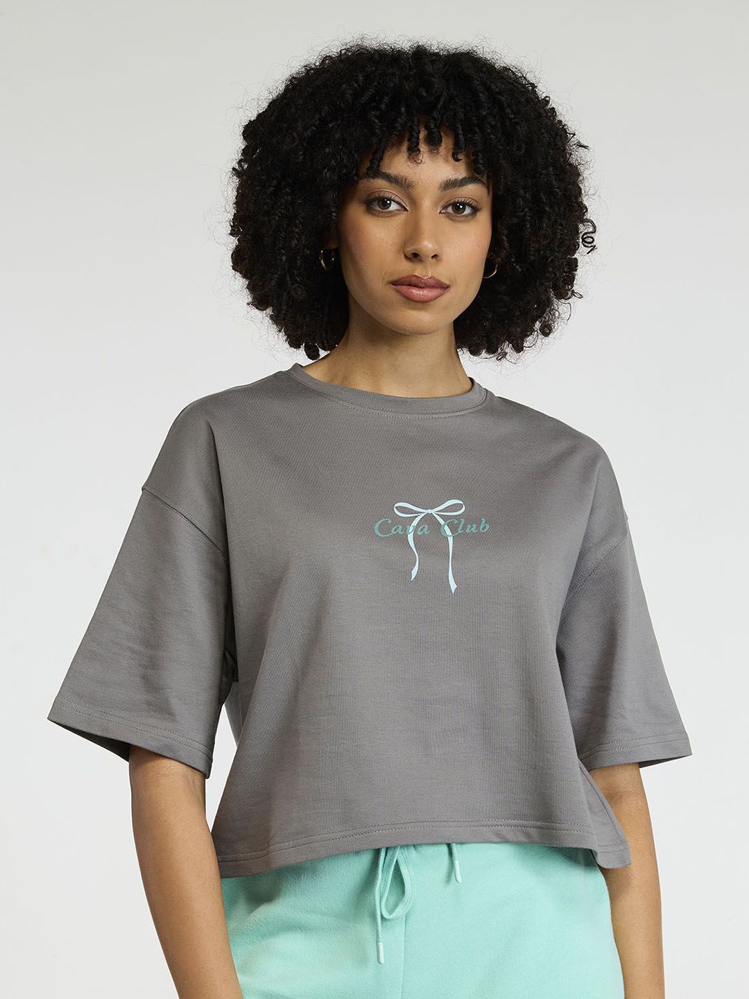Women Grey-Blue Pilates Core Cropped Cotton Boxy Tee