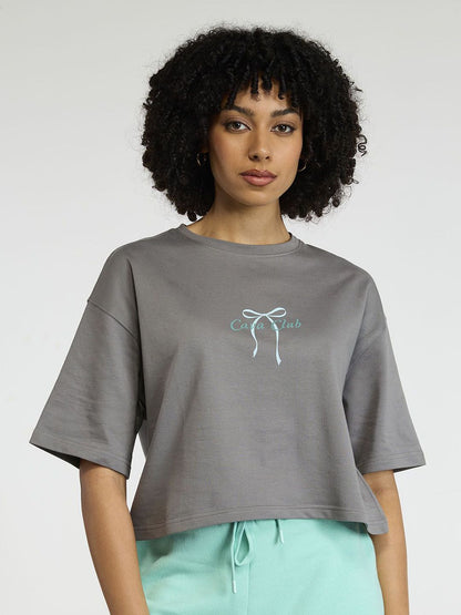 Women Grey-Blue Pilates Core Cropped Cotton Boxy Tee