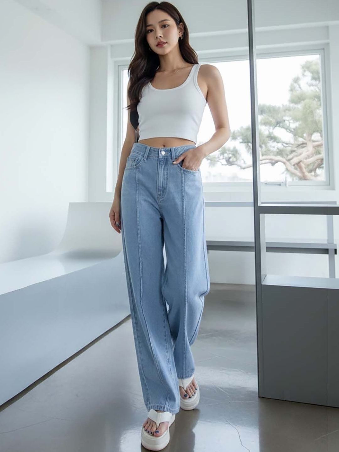 Women Classic Wide Leg High-Rise Stretchable Jeans