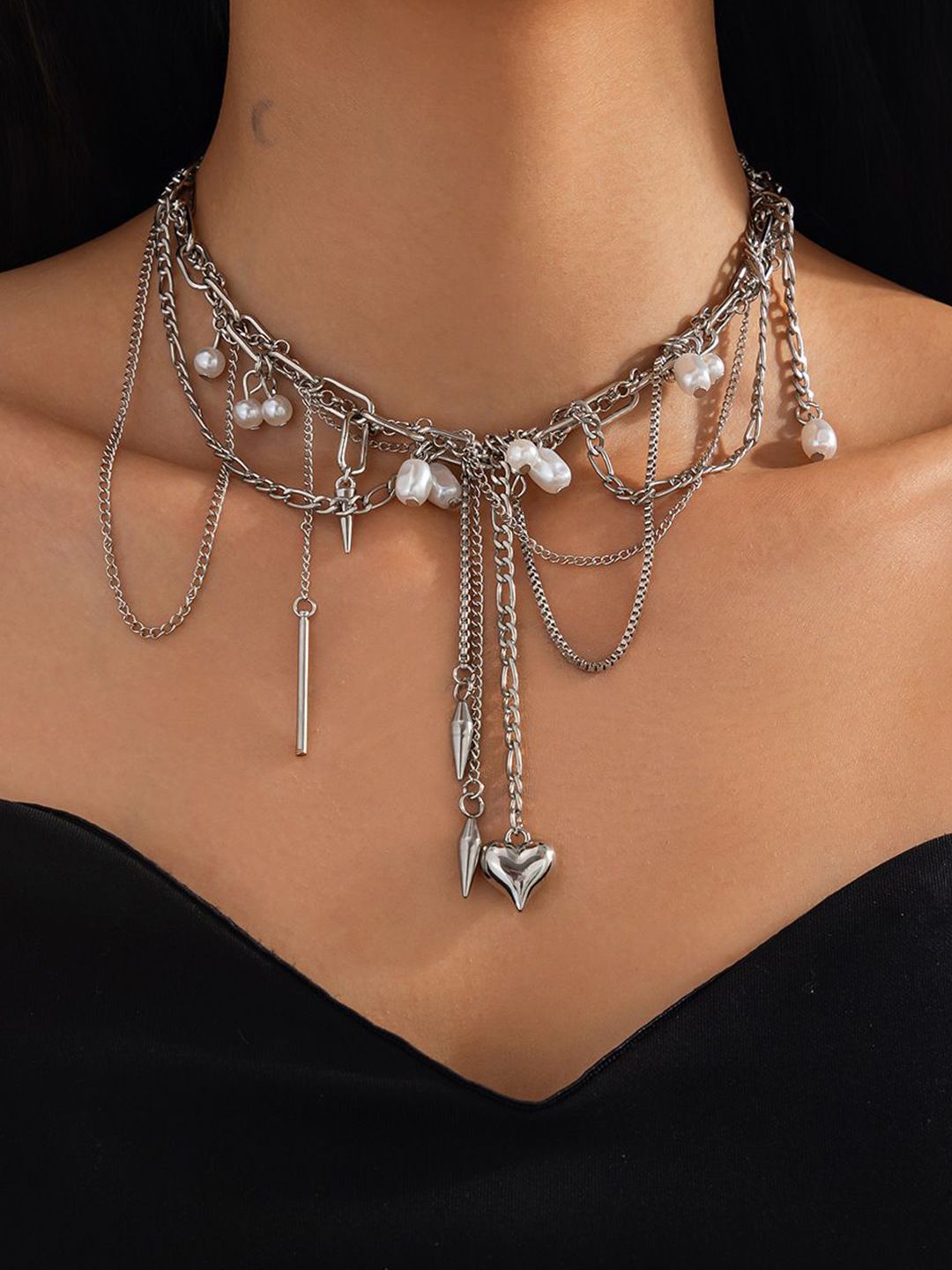 Silver-Plated Artificial Beaded Tasselled Statement Necklace