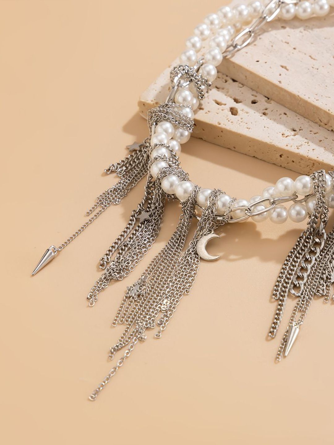 Silver-Plated Pearls Beaded Tasselled Statement Necklace