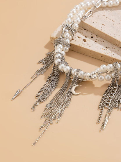 Silver-Plated Pearls Beaded Tasselled Statement Necklace