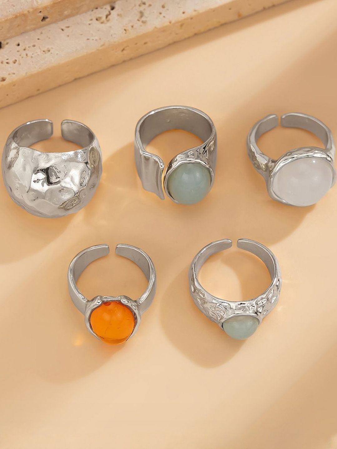 Women Set Of 5 Silver-Plating Adjustable Finger Ring