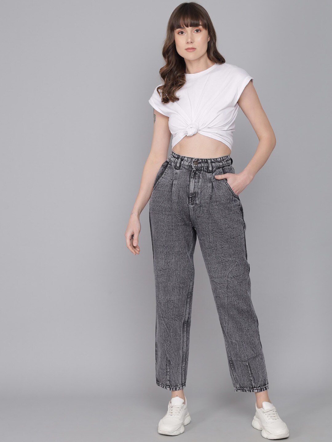 Women Grey Jean Mom-Fit High-Rise Heavy Fade Pure Cotton Jeans