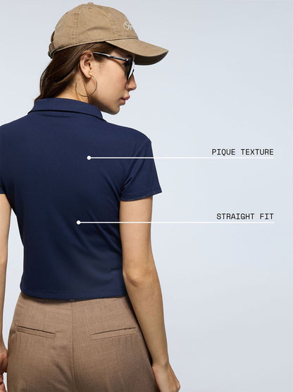Navy Techpique Cropped Polo