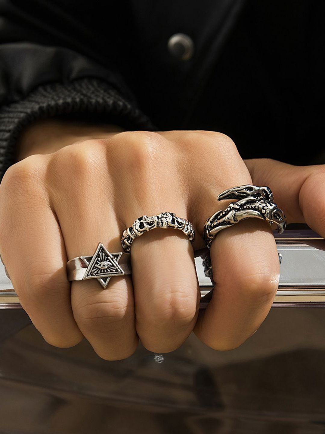 Set Of 3 Sliver-Plated Adjustable Finger Ring