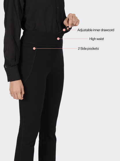 Women Black Tall High Waisted Cotton Flare Pants with Pockets