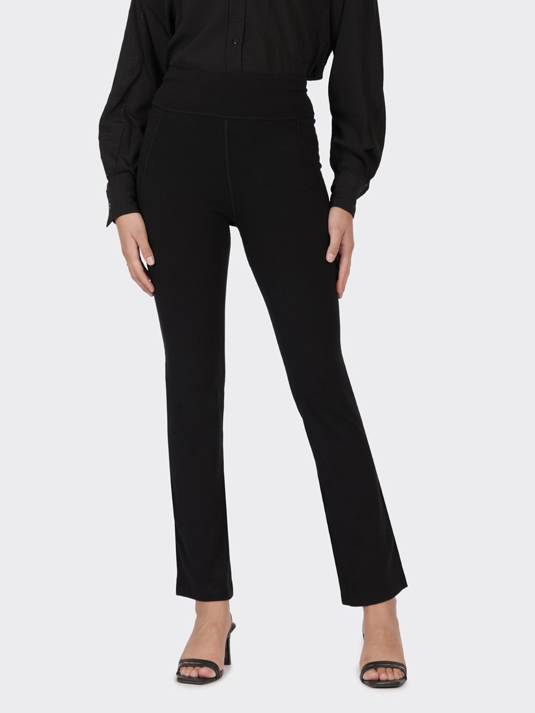 Women Black Tall High Waisted Cotton Flare Pants with Pockets