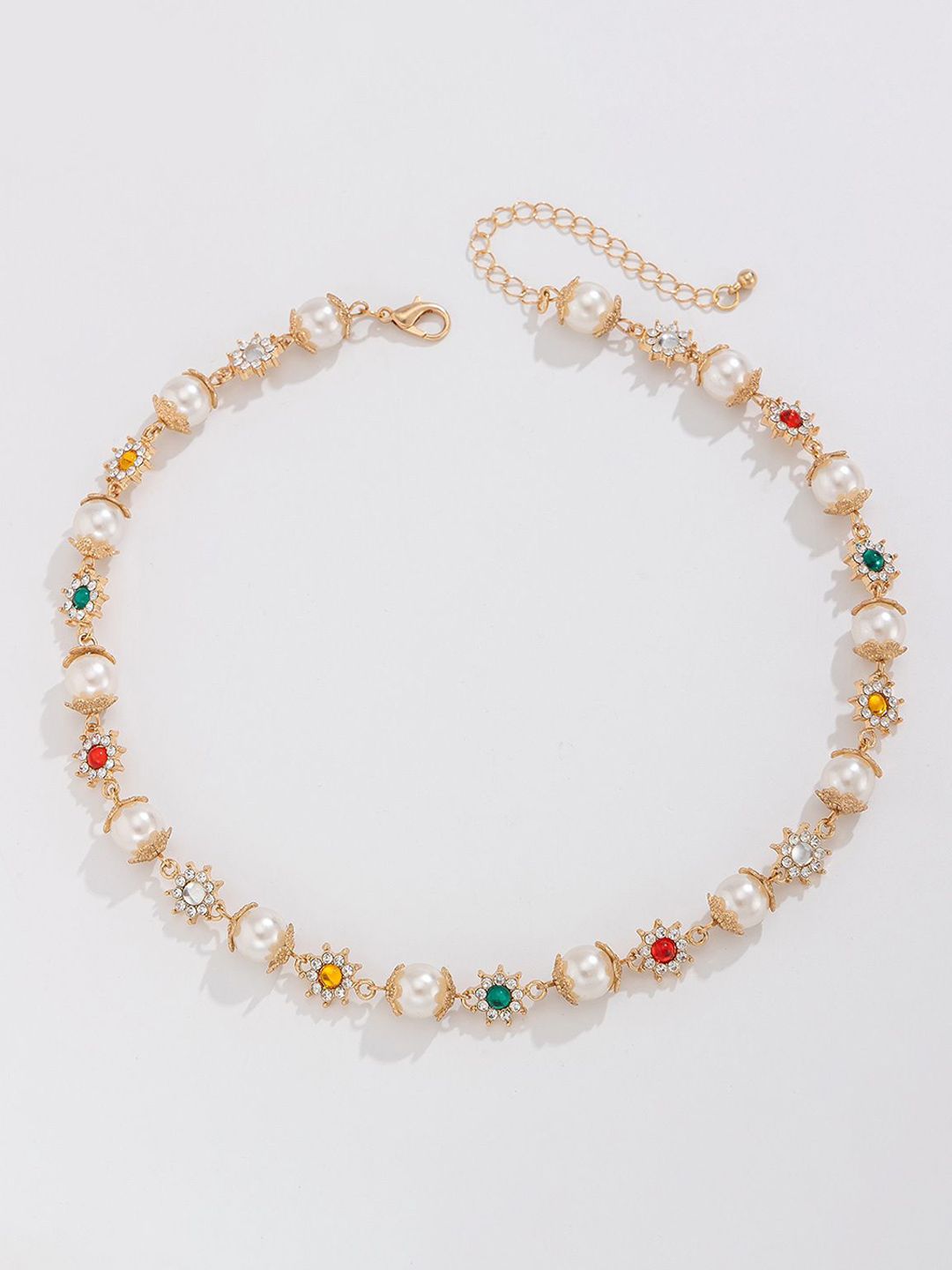 Gold-Plated Artificial Stones Studded & Pearls Beaded Necklace