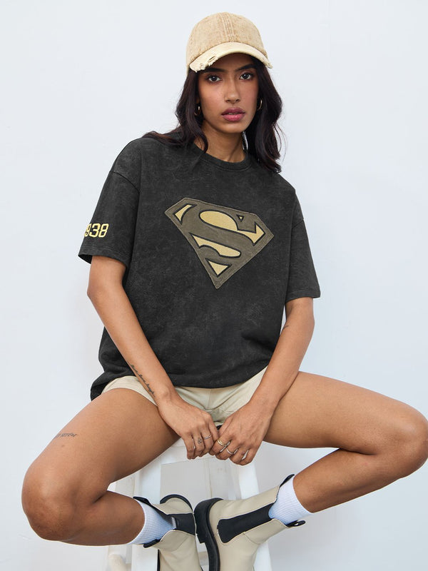 Women Oversized Fit Supergirl Vintage Printed Black T-Shirts