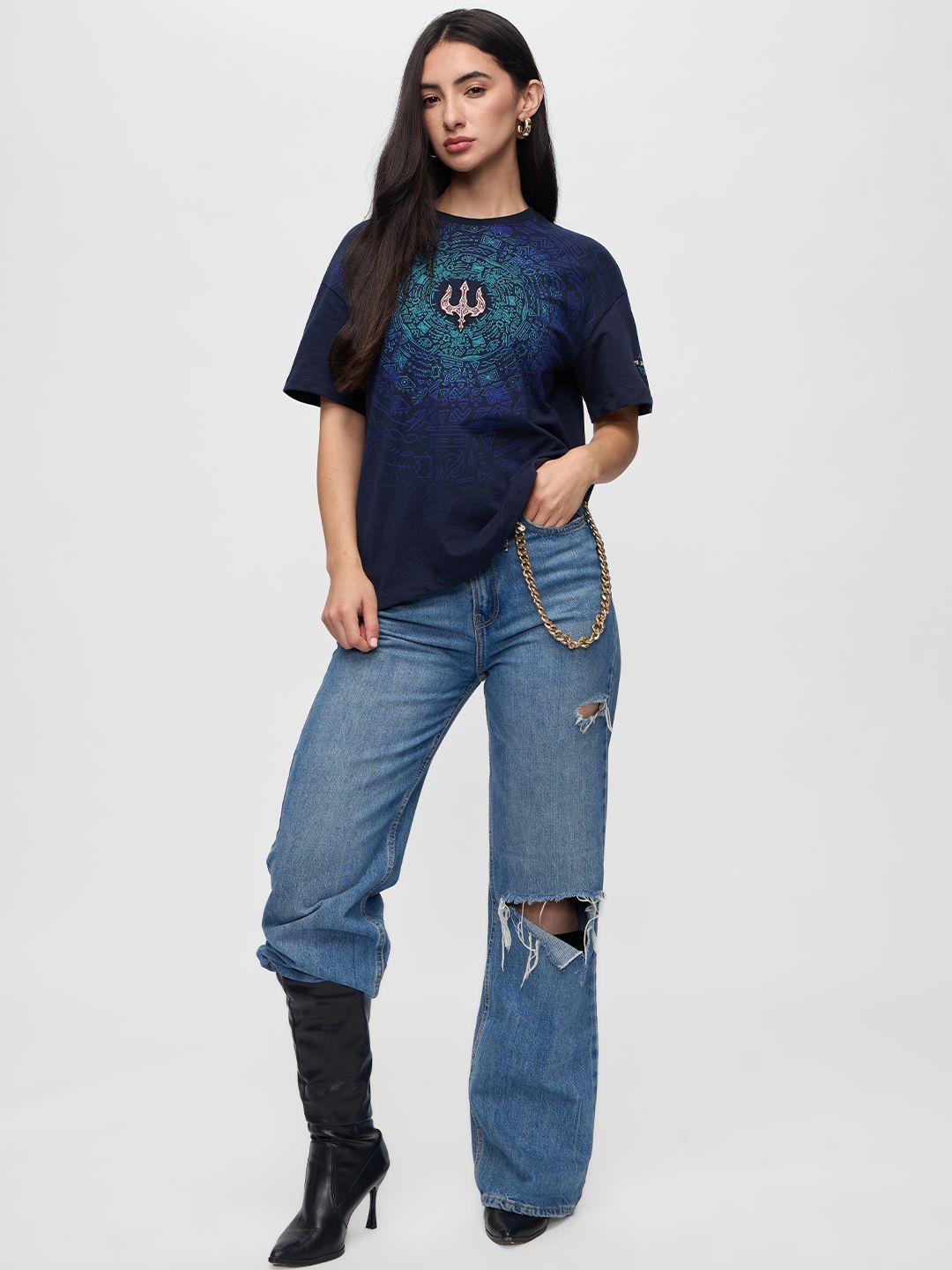 Women Oversized Printed Navy Blue T-Shirts