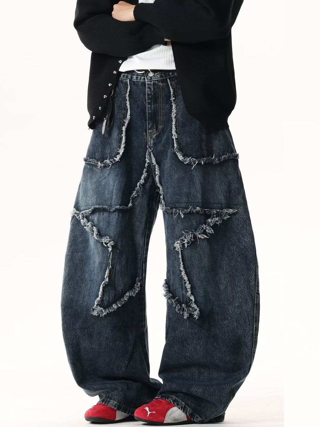 Men Wide Leg Mid-Rise Light Fade Applique Jeans