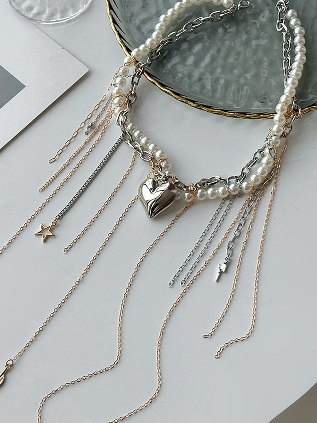 Silver-Plated Pearls Beaded Tasselled Statement Necklace