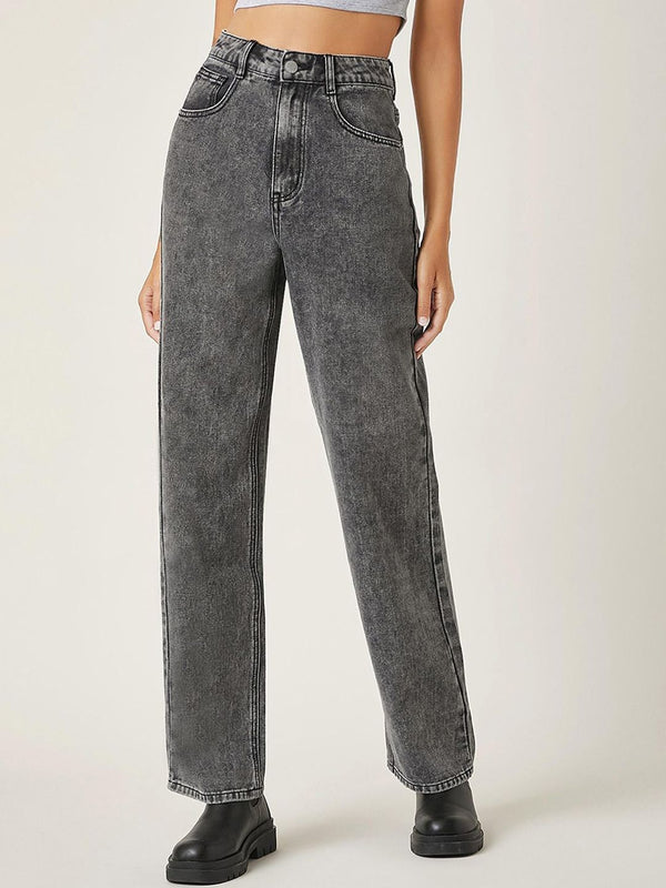 Women Grey Jean Straight Fit High Rise Clean Look Heavy Fade Stretchable Jeans