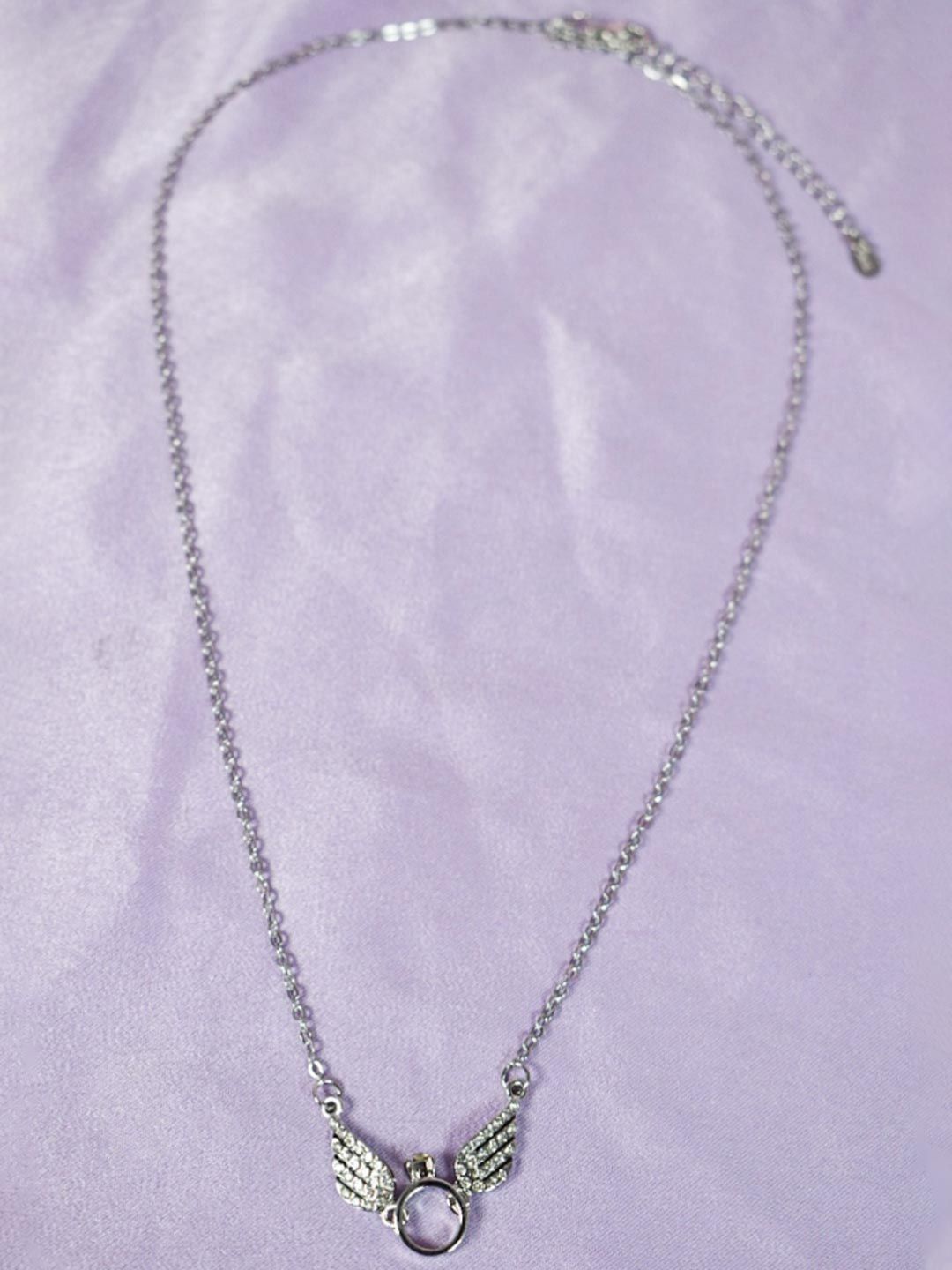 SALTY Stainless Steel Silver Plated Angel Wings Stone Studded Necklace
