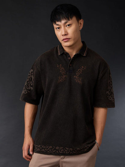Men Oversized Fit Printed Black Polos