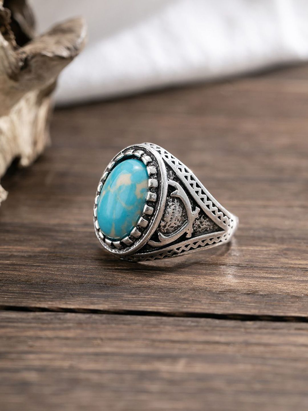 Silver-Plated Stone-Studded Adjustable Finger Ring
