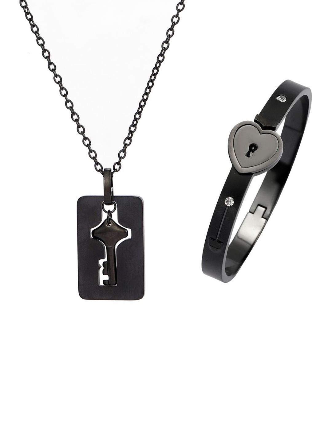 SALTY Stainless Steel Black Lock And Key Love Bracelet And Necklace Set For Women & Girls