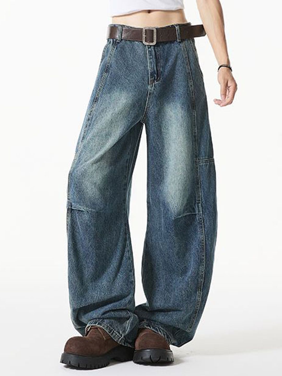 Men Wide Leg Low-Rise Heavy Fade Jeans
