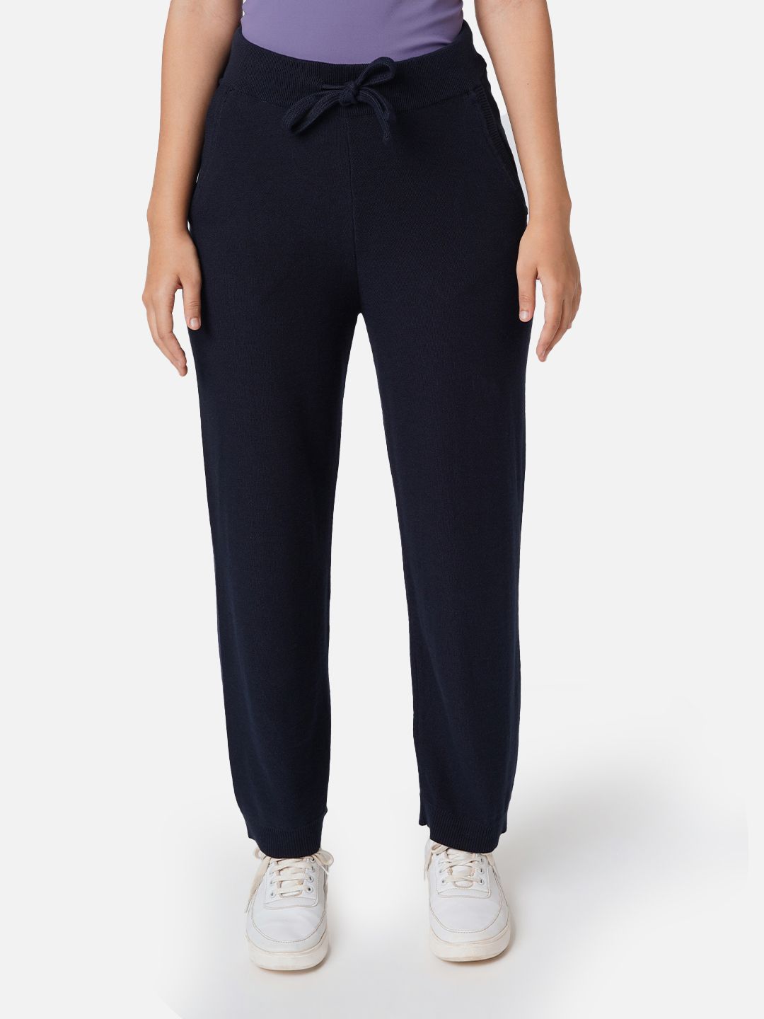 Women Navy Regular Cotton Mid Rise Pants with Two Pockets