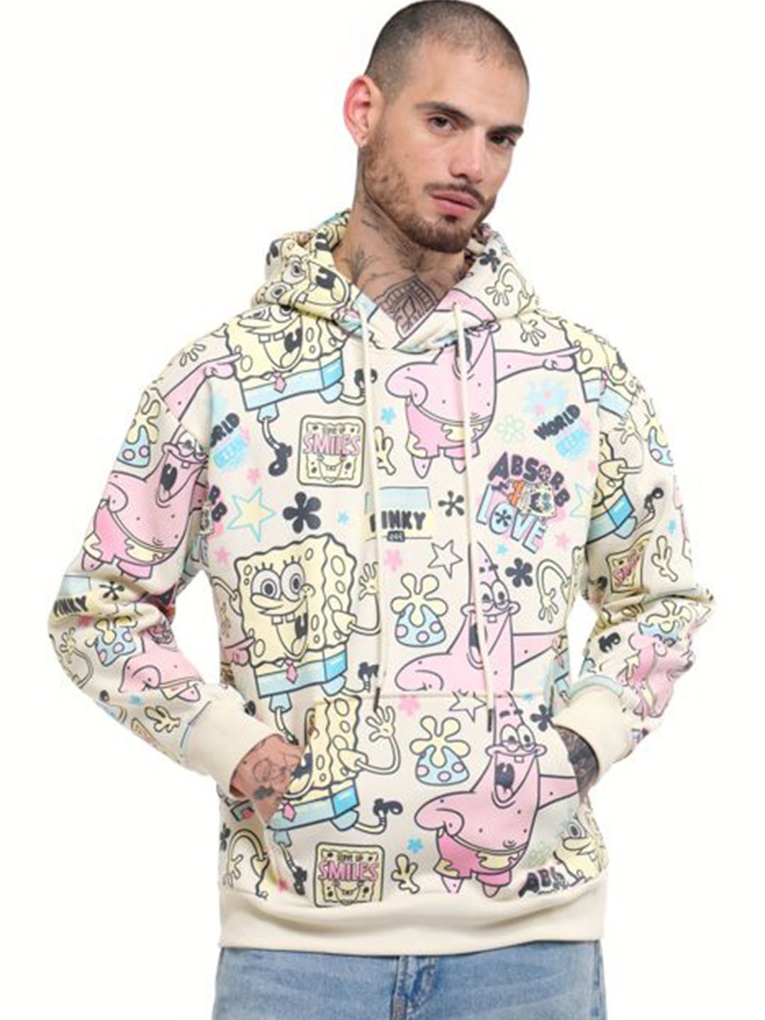 Men Printed SpongeBob All Over Hoodie