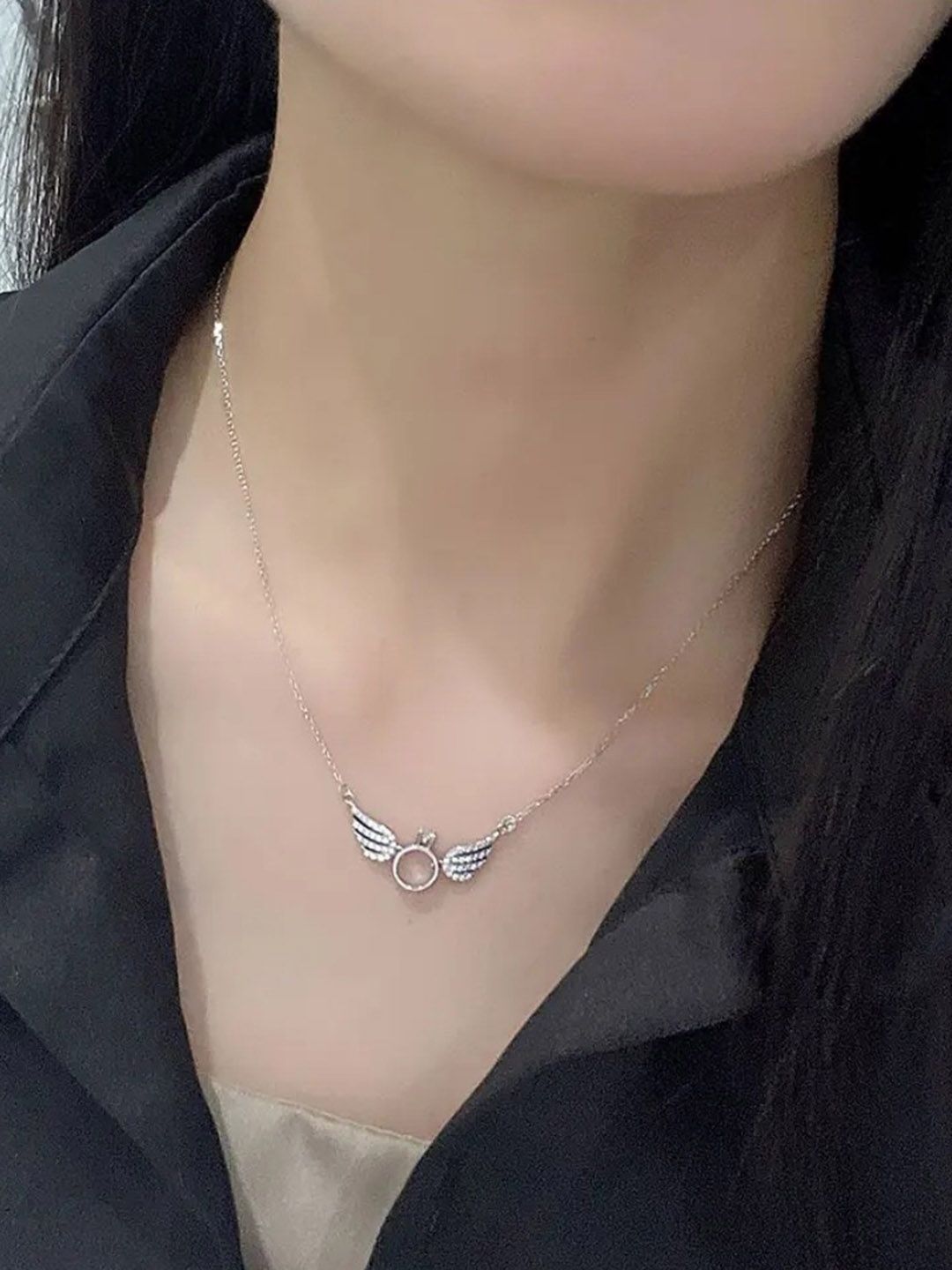 SALTY Stainless Steel Silver Plated Angel Wings Stone Studded Necklace