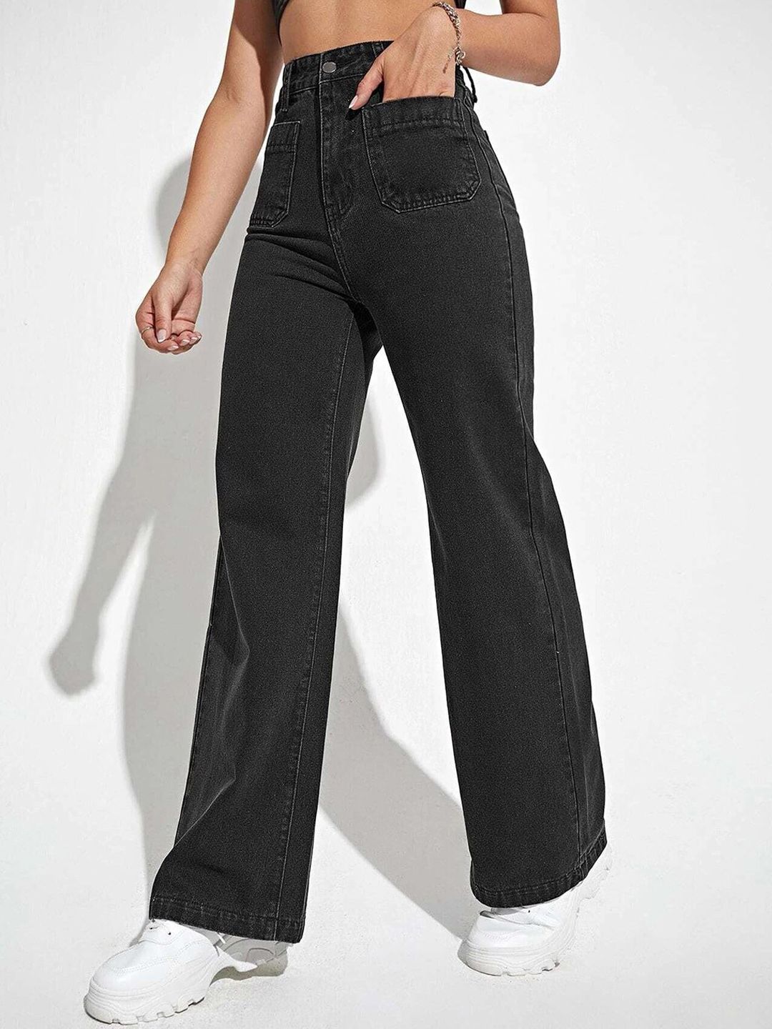 Women Black Jean Straight Fit High-Rise Mildly Distressed Jeans