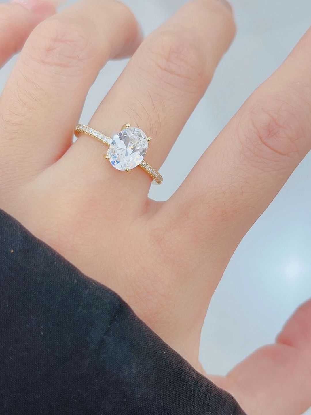 SALTY Golden Oval-Cut American Diamond Studded Ring For Women & Girls