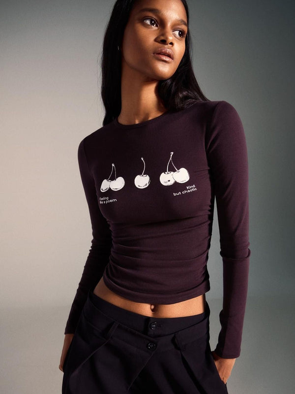 Long sleeve ruched print T-shirt