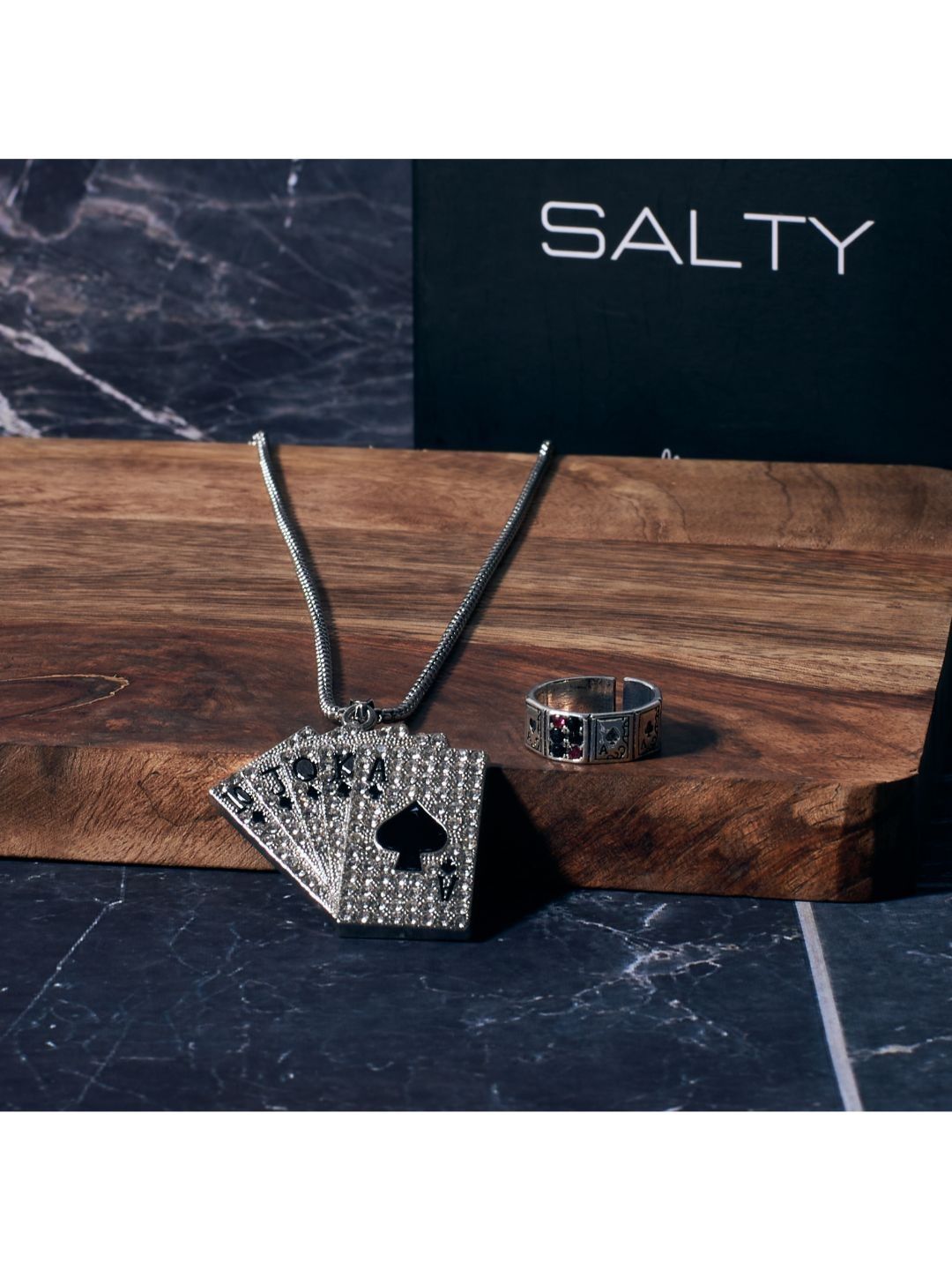 SALTY Pip Cards Chain & Fortunes Card Ring Combo Jewellery Set